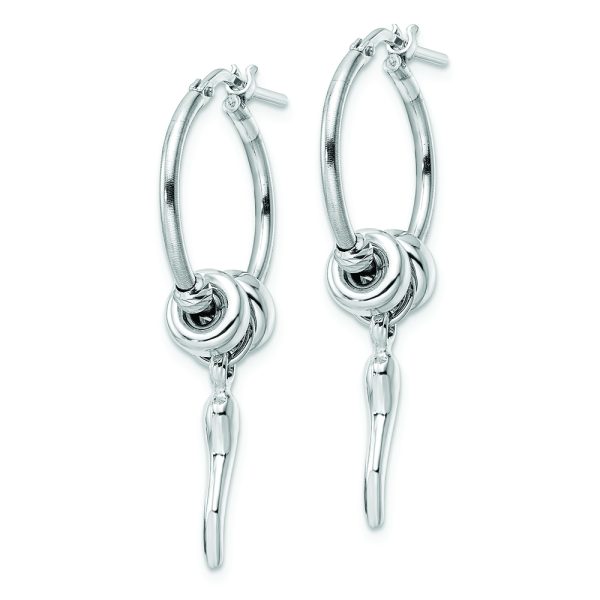 Sterling Silver Rhodium-plated D/C Bead Italian Horn Dangle Hoop Earrings - Image 2