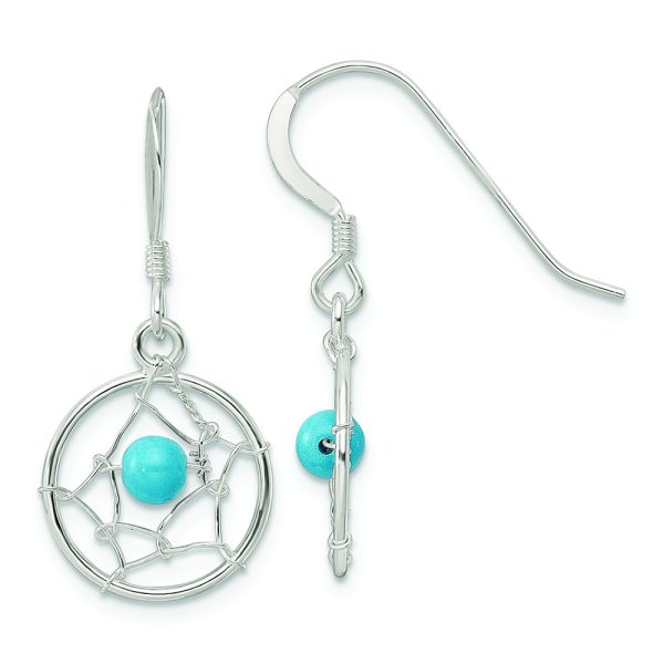 Sterling Silver Polished Turquoise Bead Dream Catcher Dangle Earrings