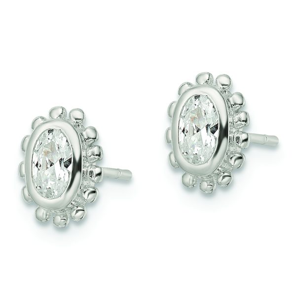 Sterling Silver Polished & Beaded Edge Oval CZ Post Earrings - Image 2