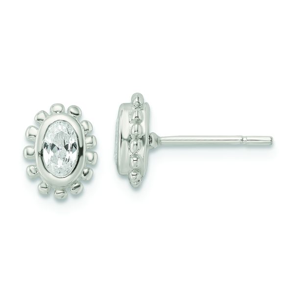 Sterling Silver Polished & Beaded Edge Oval CZ Post Earrings