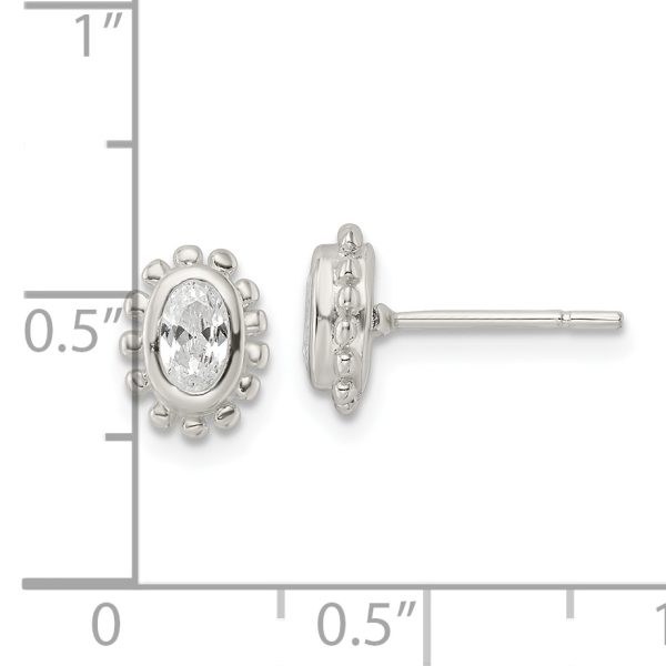 Sterling Silver Polished & Beaded Edge Oval CZ Post Earrings - Image 3