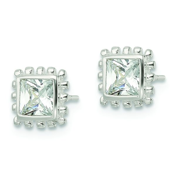 Sterling Silver Polished & Beaded Edge Square CZ Post Earrings - Image 2