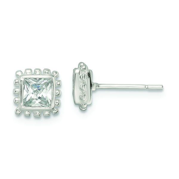 Sterling Silver Polished & Beaded Edge Square CZ Post Earrings