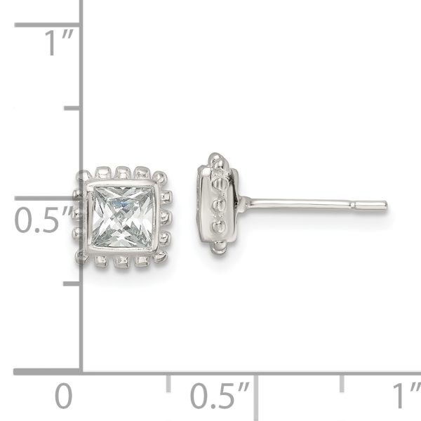 Sterling Silver Polished & Beaded Edge Square CZ Post Earrings - Image 3