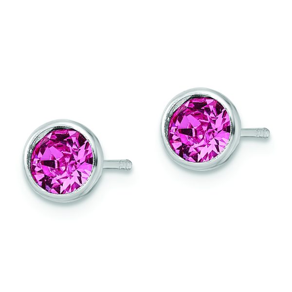 Sterling Silver Rhod-plated Polished 5mm Pink Crystal Bezel Stud Earrings - Image 2