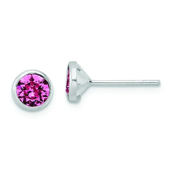 Sterling Silver Rhod-plated Polished 5mm Pink Crystal Bezel Stud Earrings