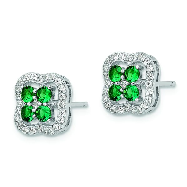 Sterling Silver Rhod-plated Polished Green & White CZ Clover Post Earrings - Image 2