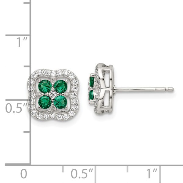 Sterling Silver Rhod-plated Polished Green & White CZ Clover Post Earrings - Image 3