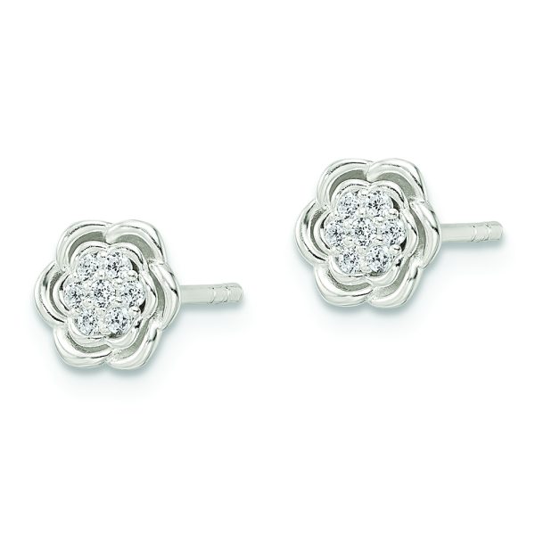 Sterling Silver Polished Floral CZ Post Earrings - Image 2