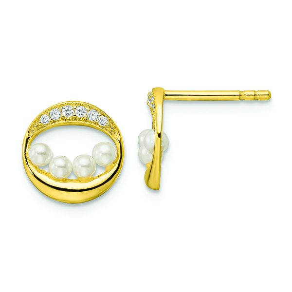 Sterling Silver Gold-tone CZ & Shell Pearl Post Earrings