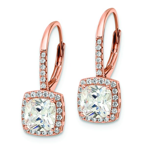 Sterling Silver Rose-tone Polished Princess Cut CZ Halo Leverback Earrings - Image 2