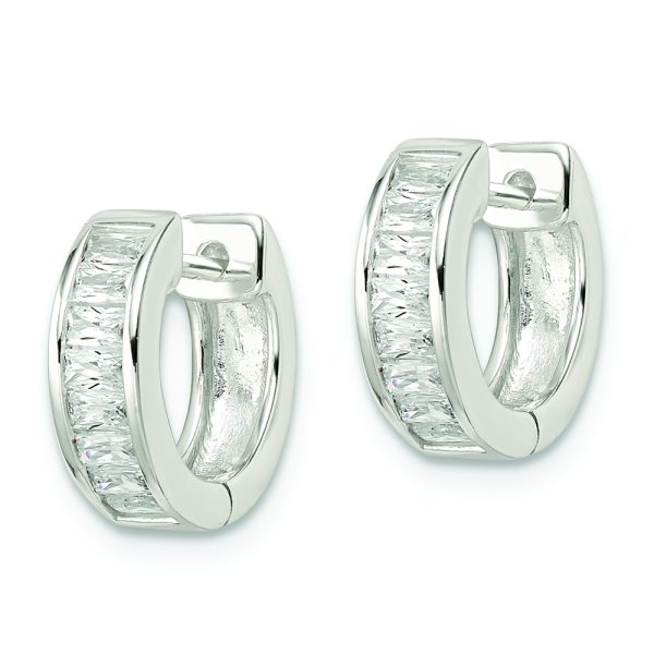 Sterling Silver Polished Baguette CZ Hinged Hoop Earrings - Image 2