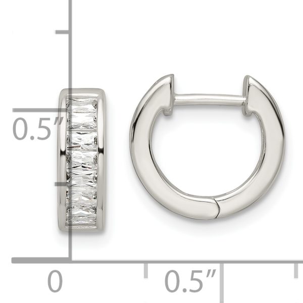 Sterling Silver Polished Baguette CZ Hinged Hoop Earrings - Image 3