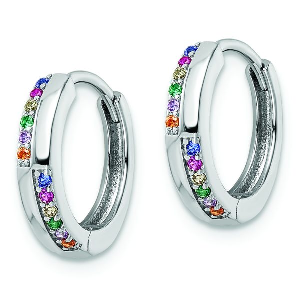 Sterling Silver Rhodium-plated Multicolor CZ Hinged Hoop Earrings - Image 2