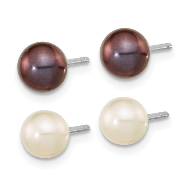 Sterling Silver Rh-pl 6-7mm Set of 2 White/Black Round FWC Pearl Earrings - Image 2