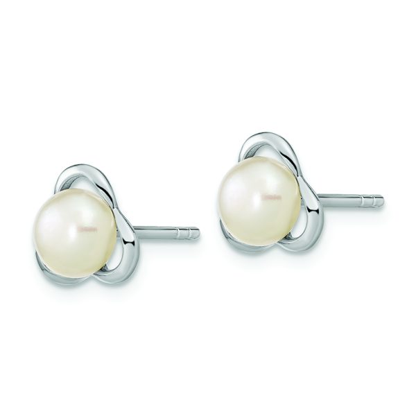 Sterling Silver Rho-plated 6-7mm White Button FWC Pearl Post Earrings - Image 2