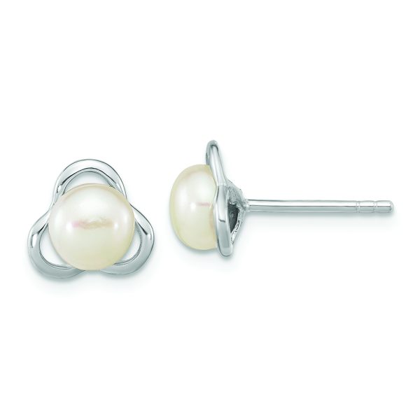 Sterling Silver Rho-plated 6-7mm White Button FWC Pearl Post Earrings