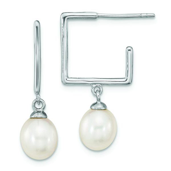 Sterling Silver Rhodium-plated 7-8mm White Rice FWC Pearl Square Earrings