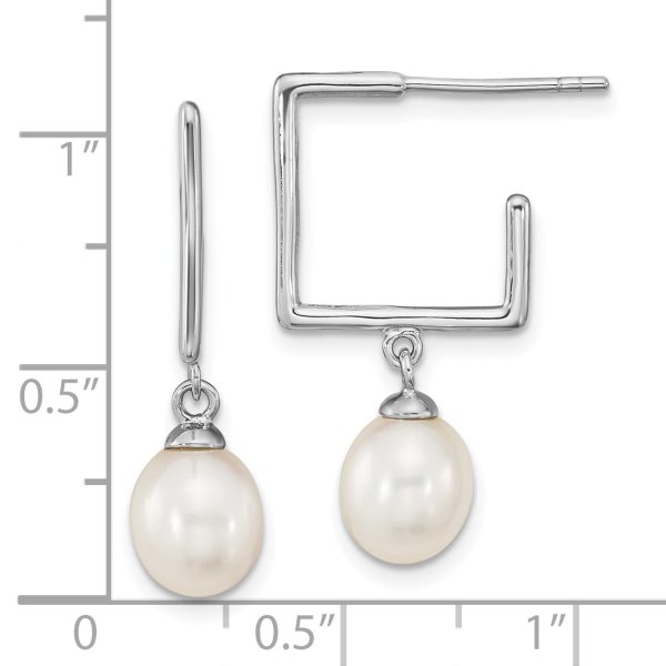 Sterling Silver Rhodium-plated 7-8mm White Rice FWC Pearl Square Earrings - Image 3