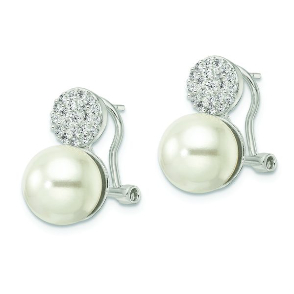 Sterling Silver Imitation Shell Pearl and CZ Omega Back Earrings - Image 2