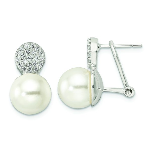Sterling Silver Imitation Shell Pearl and CZ Omega Back Earrings