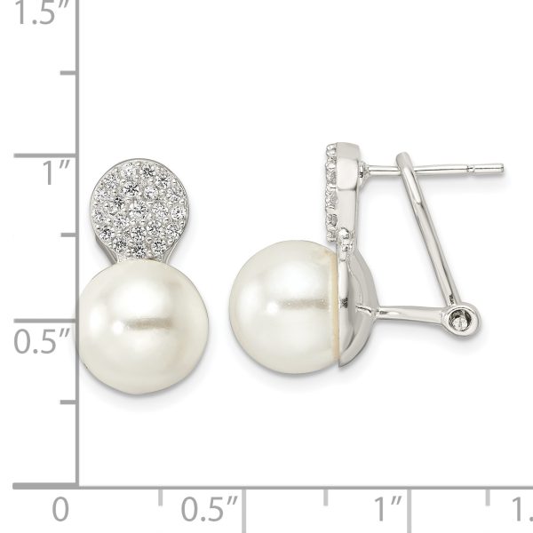 Sterling Silver Imitation Shell Pearl and CZ Omega Back Earrings - Image 3