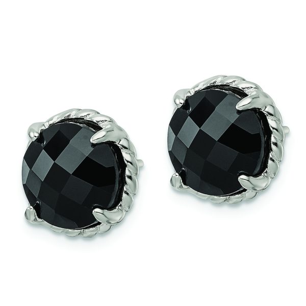 Sterling Silver Polished & Twisted Edge Round Onyx Post Earrings - Image 2