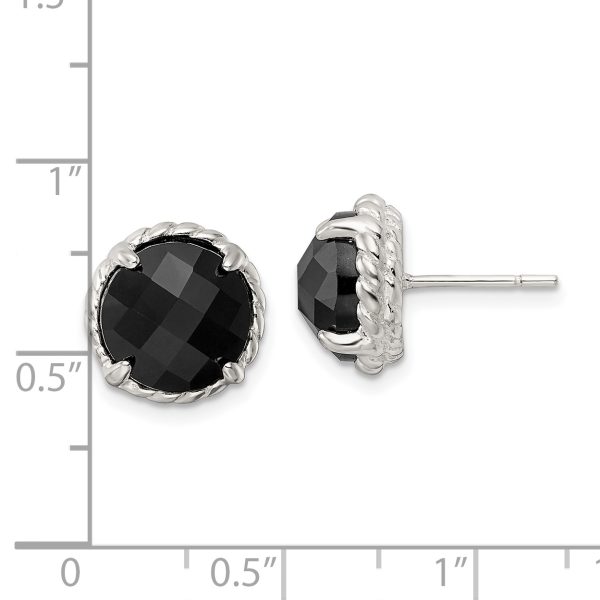 Sterling Silver Polished & Twisted Edge Round Onyx Post Earrings - Image 3