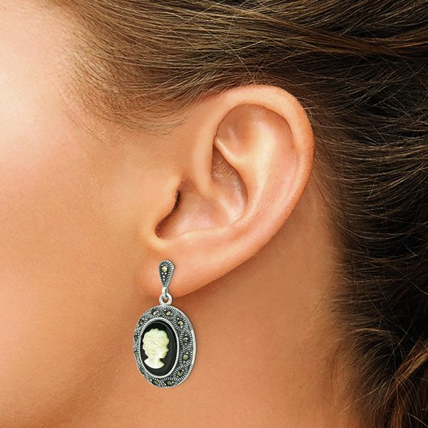 Sterling Silver Antiqued Black Agate Marcasite & MOP Cameo Post Dangle Earr - Image 3