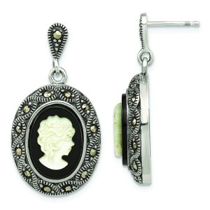 Sterling Silver Antiqued Black Agate Marcasite & MOP Cameo Post Dangle Earr