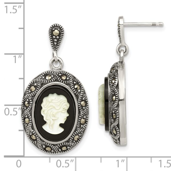 Sterling Silver Antiqued Black Agate Marcasite & MOP Cameo Post Dangle Earr - Image 2