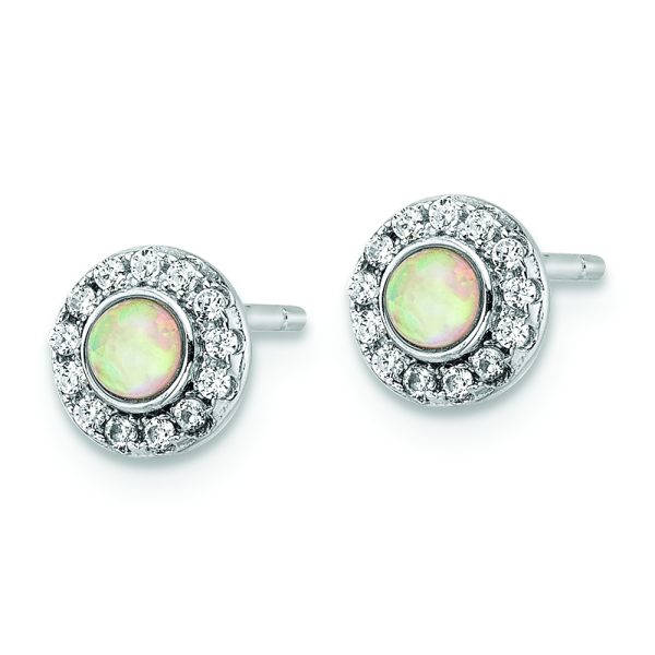 Sterling Silver Rhod-plated Polished Created Opal & CZ Halo Post Earrings - Image 2