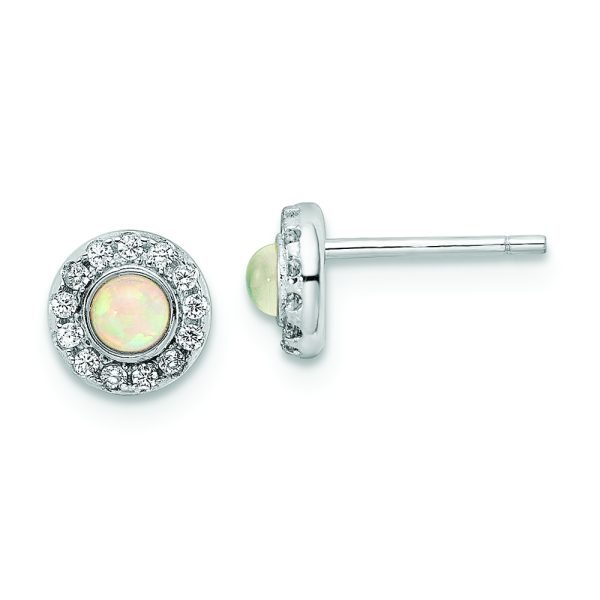 Sterling Silver Rhod-plated Polished Created Opal & CZ Halo Post Earrings