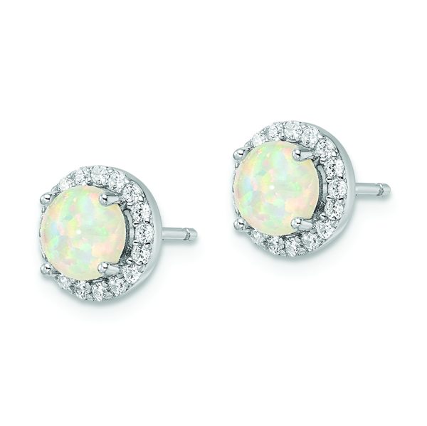 Sterling Silver RH-pltd Polished Created Opal/CZ Round Halo Post Earrings - Image 2