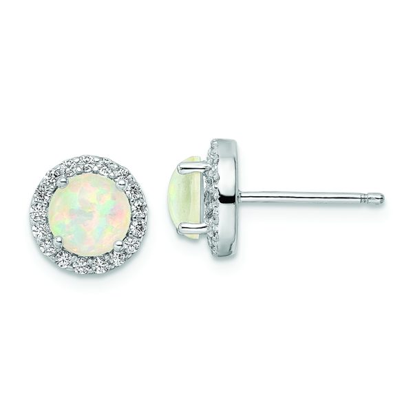 Sterling Silver RH-pltd Polished Created Opal/CZ Round Halo Post Earrings