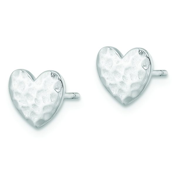 Sterling Silver Rhodium-plated Polished Hammered Heart Post Earrings - Image 2