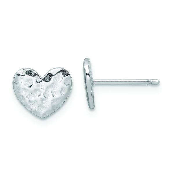 Sterling Silver Rhodium-plated Polished Hammered Heart Post Earrings