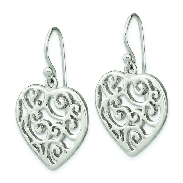 Sterling Silver Polished Filigree Heart Dangle Earrings - Image 2