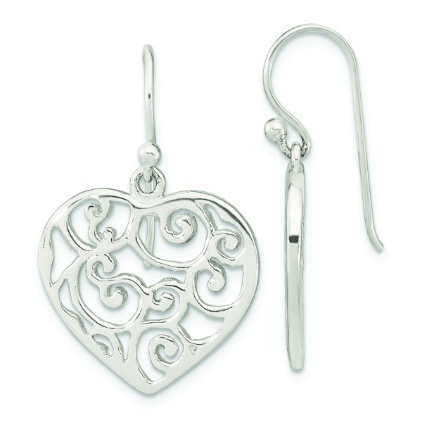 Sterling Silver Polished Filigree Heart Dangle Earrings