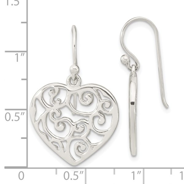 Sterling Silver Polished Filigree Heart Dangle Earrings - Image 3