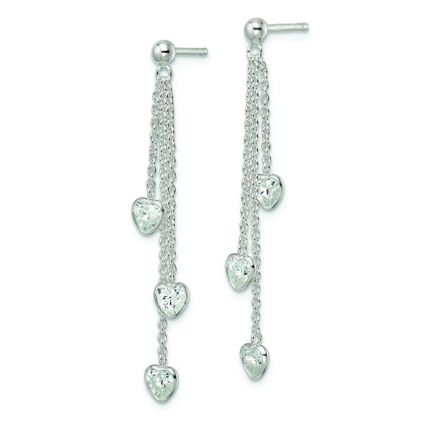 Sterling Silver Polished Dangle Heart CZ Post Earrings - Image 2