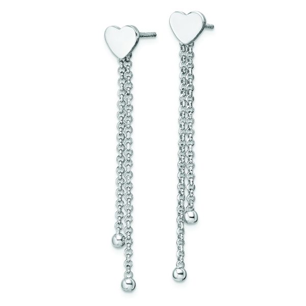 Sterling Silver Rhodium-plated Polished Heart Chain Dangle Post Earrings - Image 2