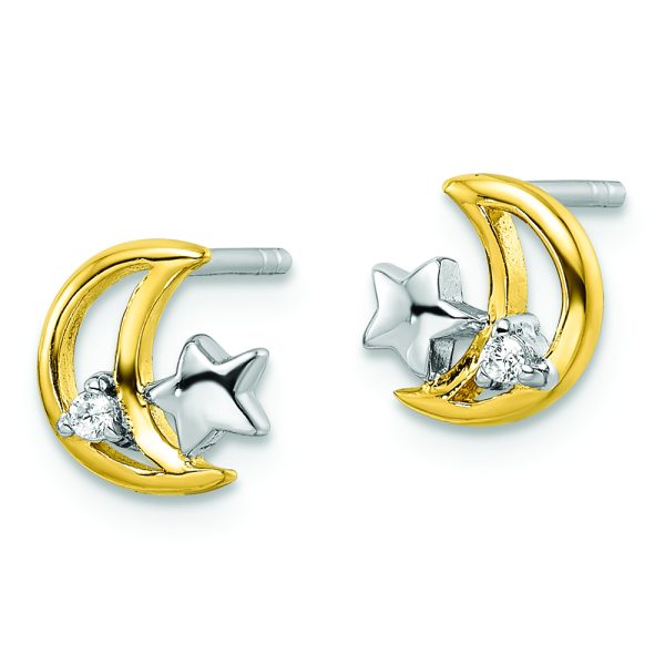 Sterling Silver RH-plated & Gold-plated Star and Moon CZ Post Earrings - Image 2