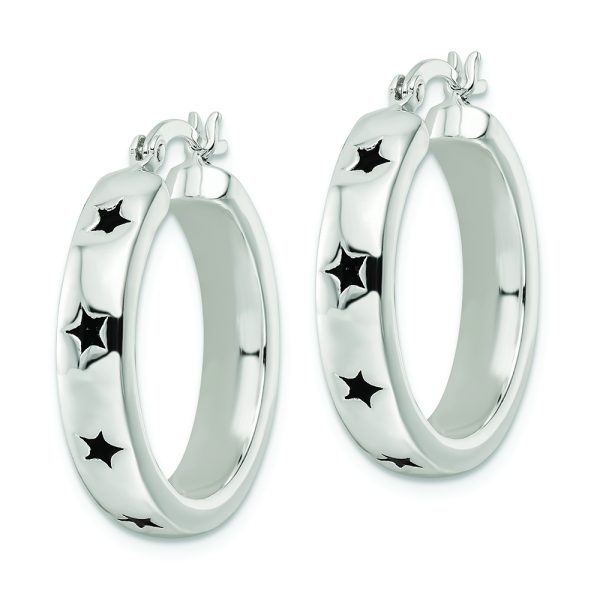 Sterling Silver Polished Black Enamel Star Circle Hoop Earrings - Image 2