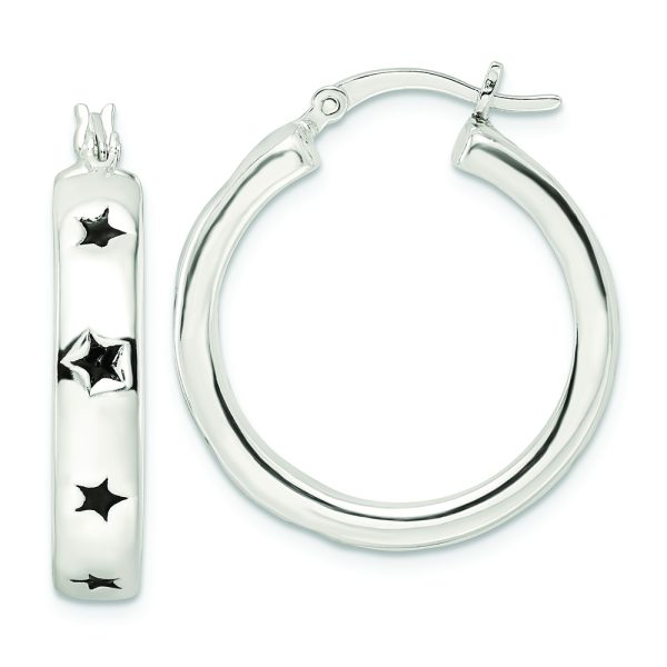 Sterling Silver Polished Black Enamel Star Circle Hoop Earrings