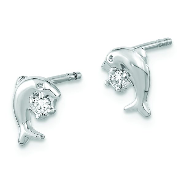 Sterling Silver Rhodium-plated CZ Dolphin Post Earrings - Image 2