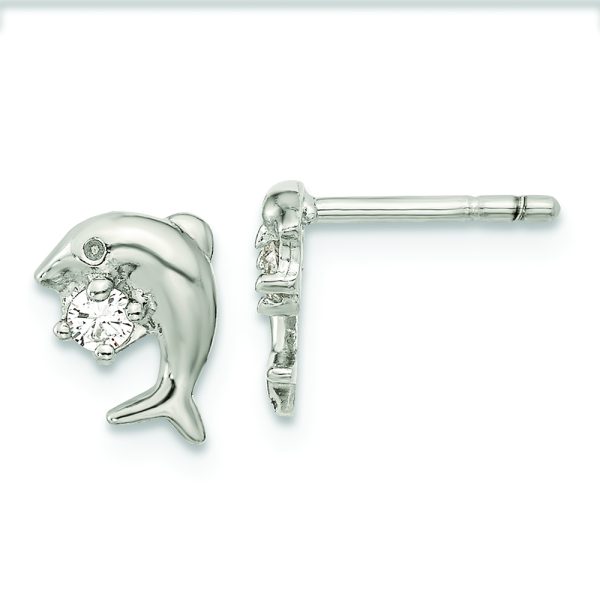 Sterling Silver Rhodium-plated CZ Dolphin Post Earrings