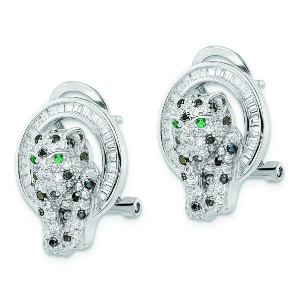 Sterling Silver Rhod-plated CZ Circle with Cheetah Post Omega Back Earrings - Image 2