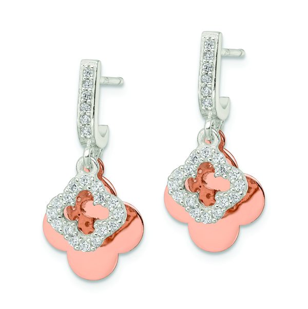 Sterling Silver Rose-tone Quatrefoil CZ Dangle Post Earrings - Image 2