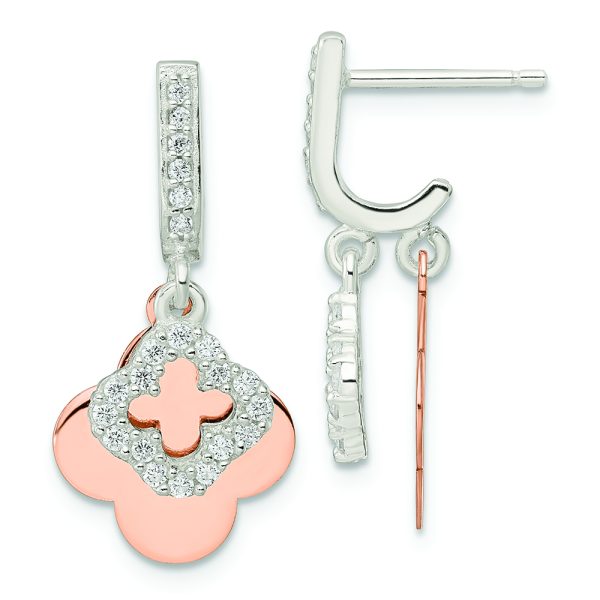 Sterling Silver Rose-tone Quatrefoil CZ Dangle Post Earrings